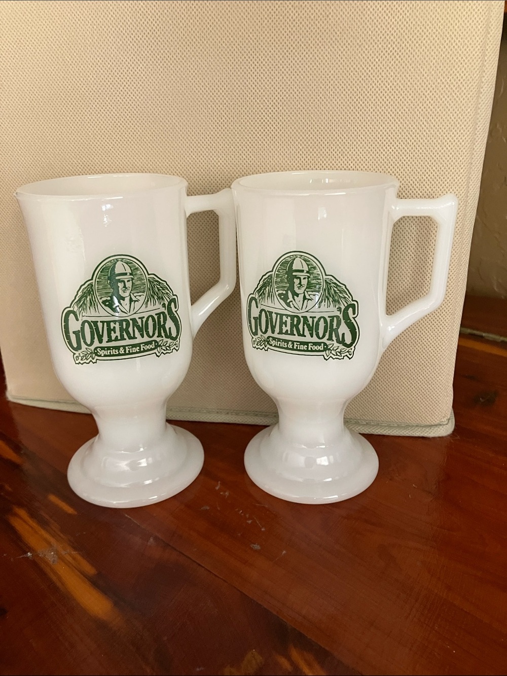 Milk Glass 2 Irish Coffee Mugs Governor's Spirits & Fine Food 8 oz. Vintage